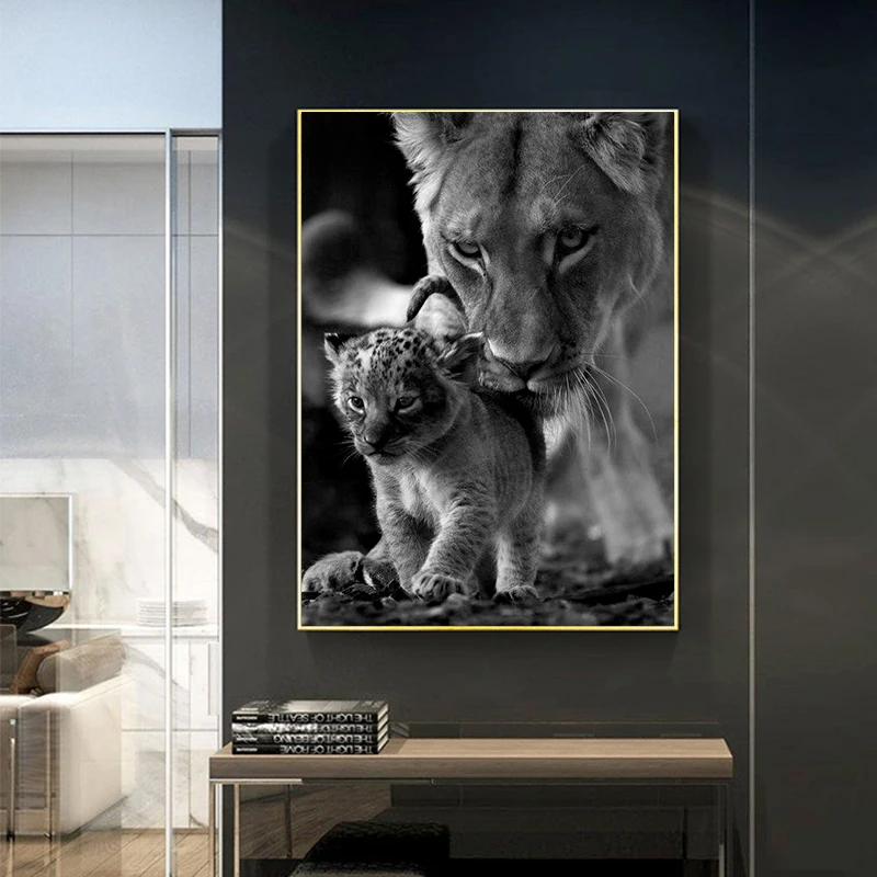 

Полноразмерная Алмазная картина с квадратными круглыми стразами, львица и медвежонок, черно-белая 5D Вышивка крестиком, мозаика, рукоделие «...