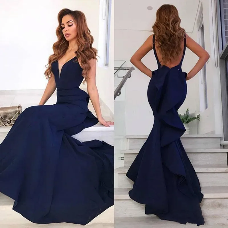 Navy Blue Long Ruffles Mermaid Evening Dresses Open Back Sexy V Neck Maid of Honor Dress Vestidos De Festa
Navy Blue Long Ruffles Mermaid Evening Dresses Open Back Sexy V Neck Maid of Honor Dress Vestidos De Festa