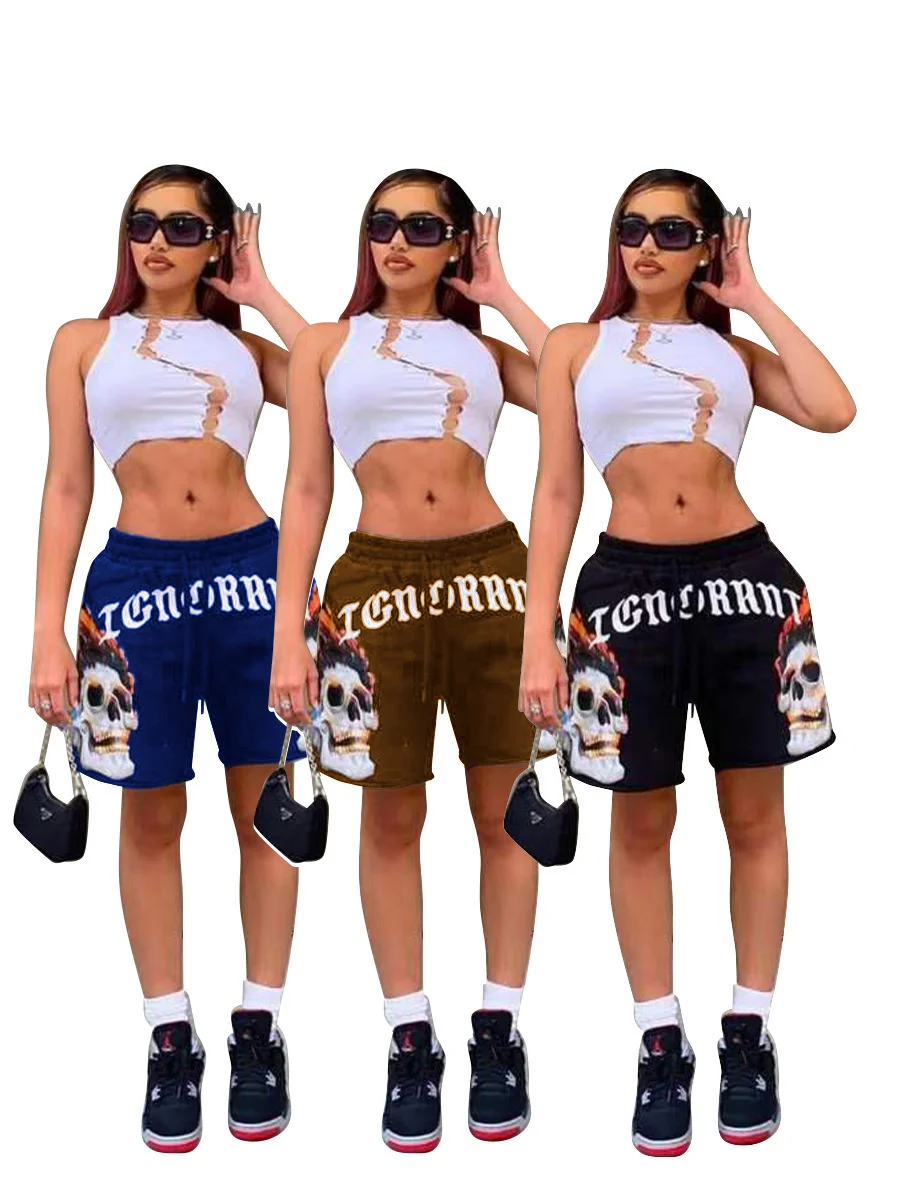 Summer fashion drawstring shorts women's mid-waist loose casual black sports pants skull print street punk hip-hop shorts
Summer fashion drawstring shorts women's mid-waist loose casual black sports pants skull print street punk hip-hop shorts
