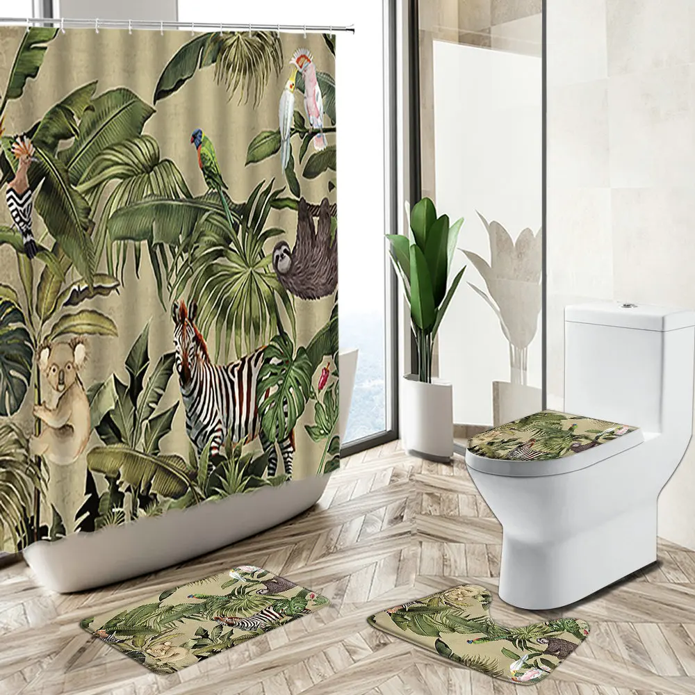 Tropical Jungle Green Plants Leaf Scenery Shower Curtain Zebra Sloth Parrot Bird Animal Pedestal Rug Toilet Cover Bathroom Set
Tropical Jungle Green Plants Leaf Scenery Shower Curtain Zebra Sloth Parrot Bird Animal Pedestal Rug Toilet Cover Bathroom Set