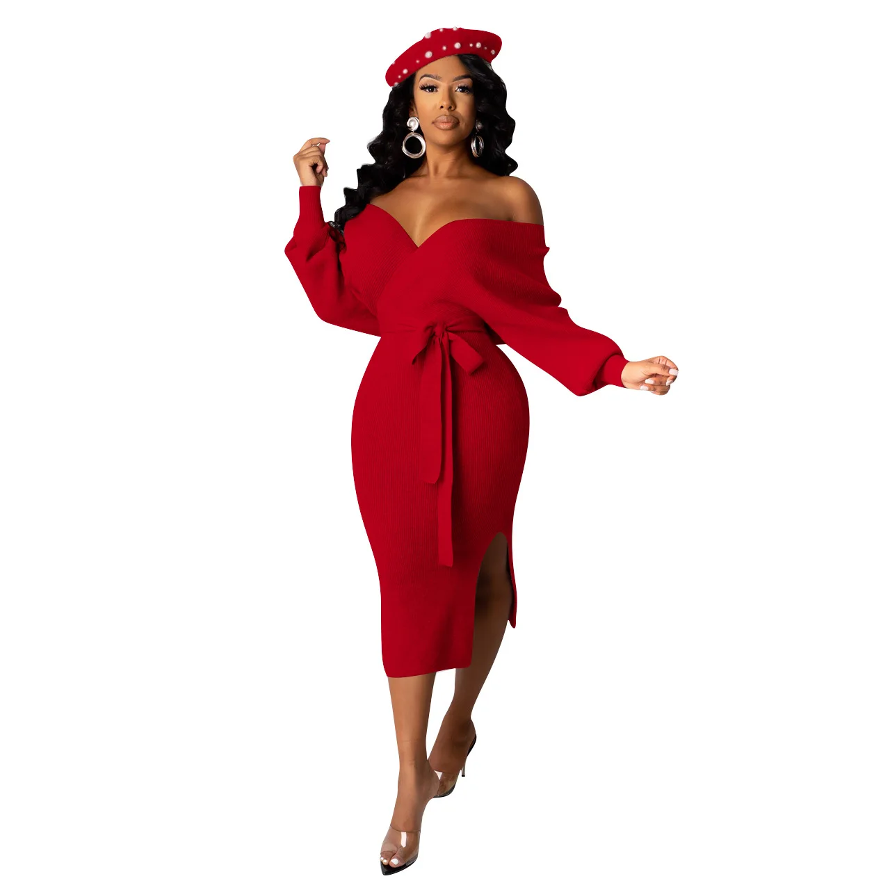 V-neck Knitted Dress Women Latern Sleeve Sashes High Split Sweater Dresses Female Pure Color Ladies Mid-Calf Bodycon Vestidos
V-neck Knitted Dress Women Latern Sleeve Sashes High Split Sweater Dresses Female Pure Color Ladies Mid-Calf Bodycon Vestidos