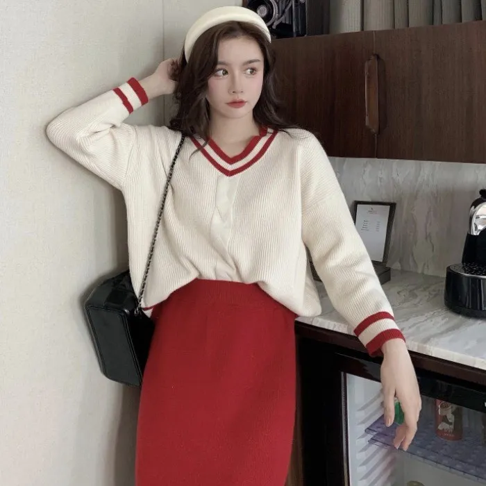Women Two Piece Sets Outfits Knit Sweater Vintage Long Sleeve pullover tops High Waist Skirt patchwork V neck Female Sweater Set
Women Two Piece Sets Outfits Knit Sweater Vintage Long Sleeve pullover tops High Waist Skirt patchwork V neck Female Sweater Set