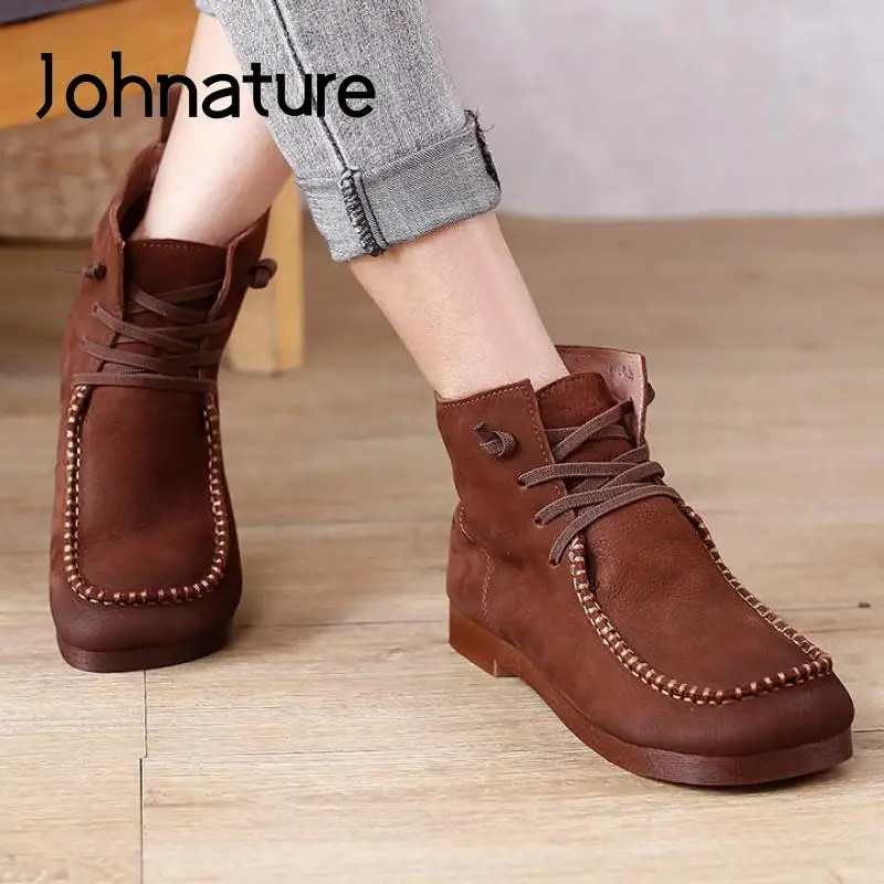

Женские ботинки из натуральной кожи Johnature, теплые Полуботинки с круглым носком, на плоской подошве, обувь для отдыха, для зимы, 2021
