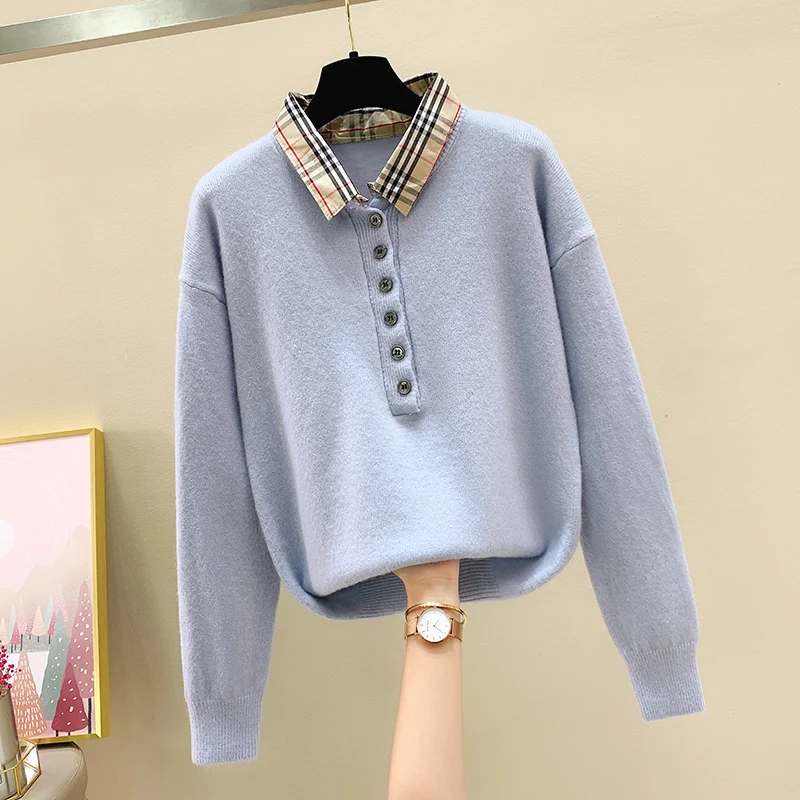 2020 Spring Sweater and Pullovers Turn Down Collar OFF Neck loose Jumpers long Sleeve Korean Fashion | Женская одежда