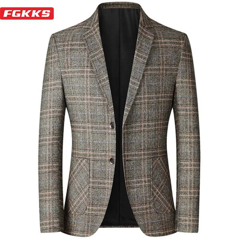 

Мужской Блейзер в клетку FGKKS, приталенный деловой костюм в британском стиле, пиджак для вечерние ринки, свадьбы, на весну и осень, 2021