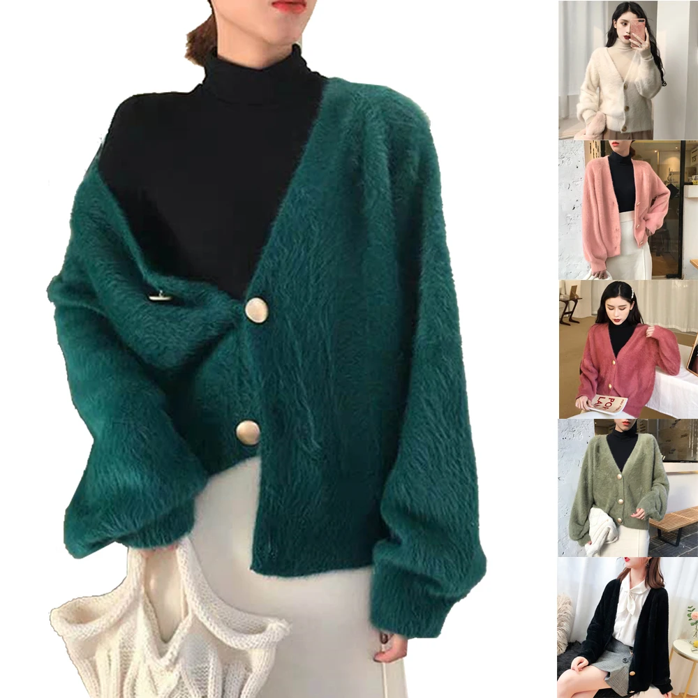 

Elegant Loose Mink Velvet Lazy Cardigans Lantern Sleeve Mohair Sweater Jumpers 2021 Autumn Winter Female Cardigan Jacket