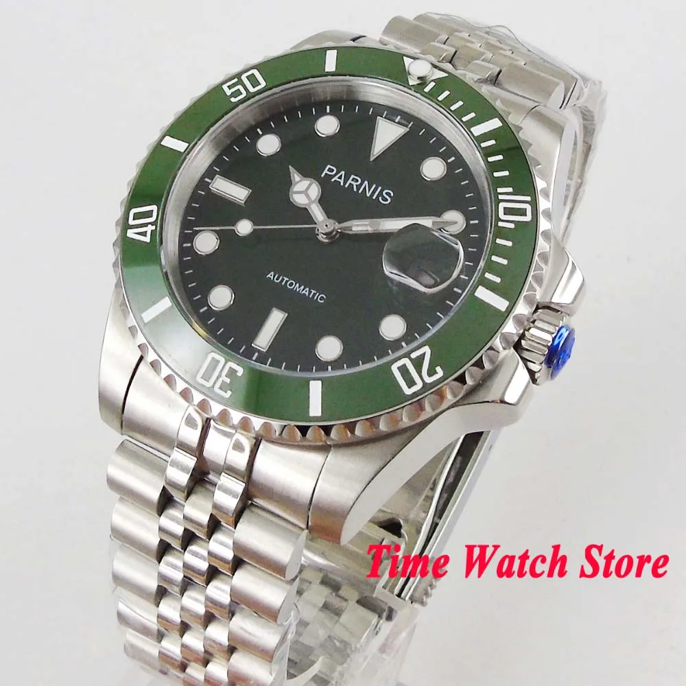 

Parnis 40mm Miyota 8215 5ATM automatic wrist watch men sapphire glass waterproof piolet Luminous black dial green ceramic bezel