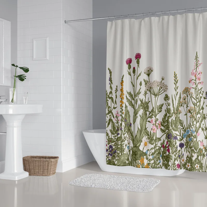 Plant series bathroom waterproof polyester flower printed bathroom shower curtain with hook CY52803
Plant series bathroom waterproof polyester flower printed bathroom shower curtain with hook CY52803
