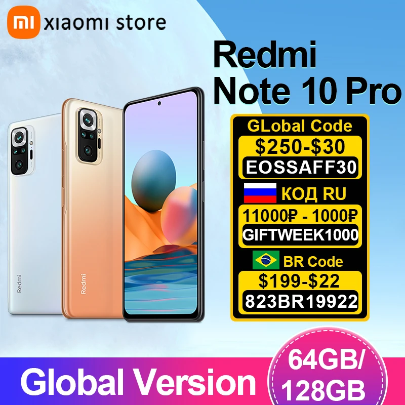 Смартфон Xiaomi Redmi Note 10 Pro глобальная версия "6 + 64/128 ГБ камера 732 МП процессор Snapdragon