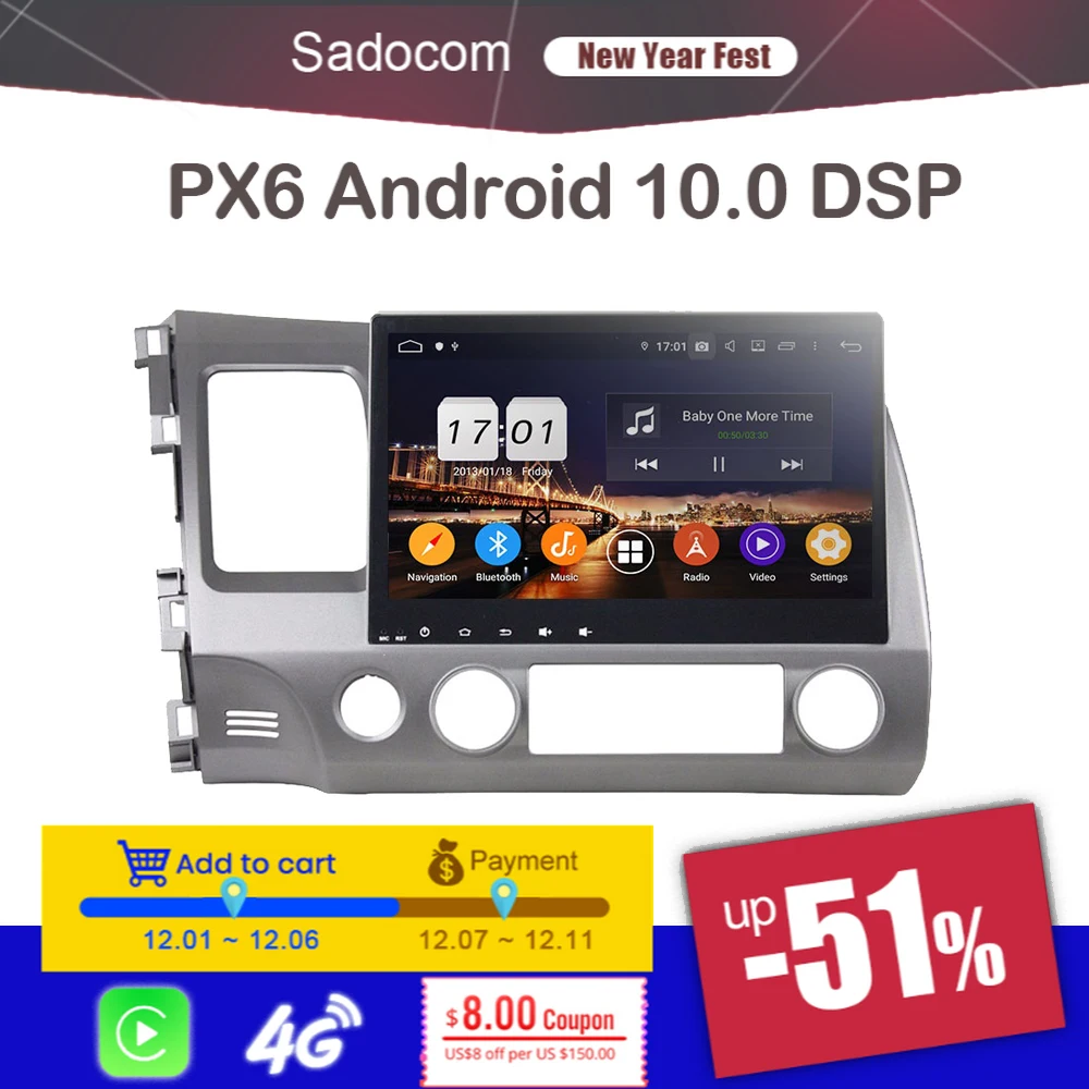 DSP PX6 2 din 10 1 "Android 9 0 для Honda CIVIC 2006 2011 4 Гб ОЗУ 8 ядер 64 ПЗУ автомобильный DVD плеер GPS
