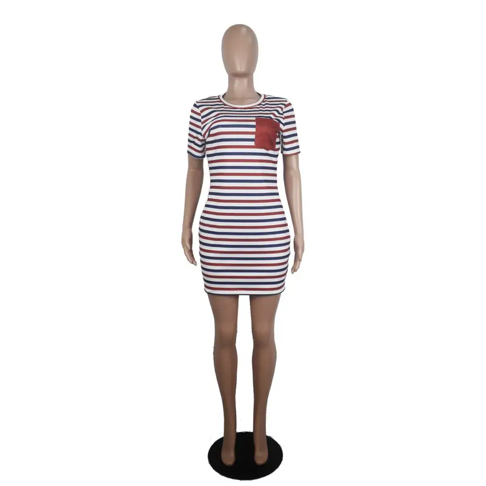European and American new casual Stripe Print mini skirt fashion slim o-neck short sleeve women's dress 
European and American new casual Stripe Print mini skirt fashion slim o-neck short sleeve women's dress