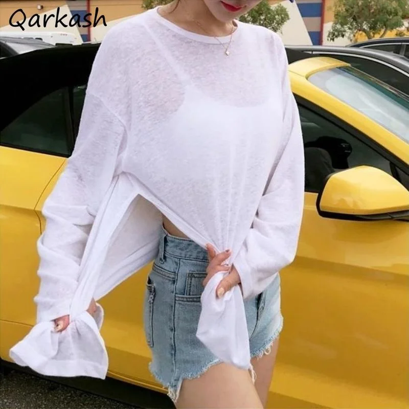 T-shirts Women Side-slit Design Summer Sheer Chic Popular Students Streetwear Pure Color Thin Sunscreen Loose Soft Ins Korean
T-shirts Women Side-slit Design Summer Sheer Chic Popular Students Streetwear Pure Color Thin Sunscreen Loose Soft Ins Korean