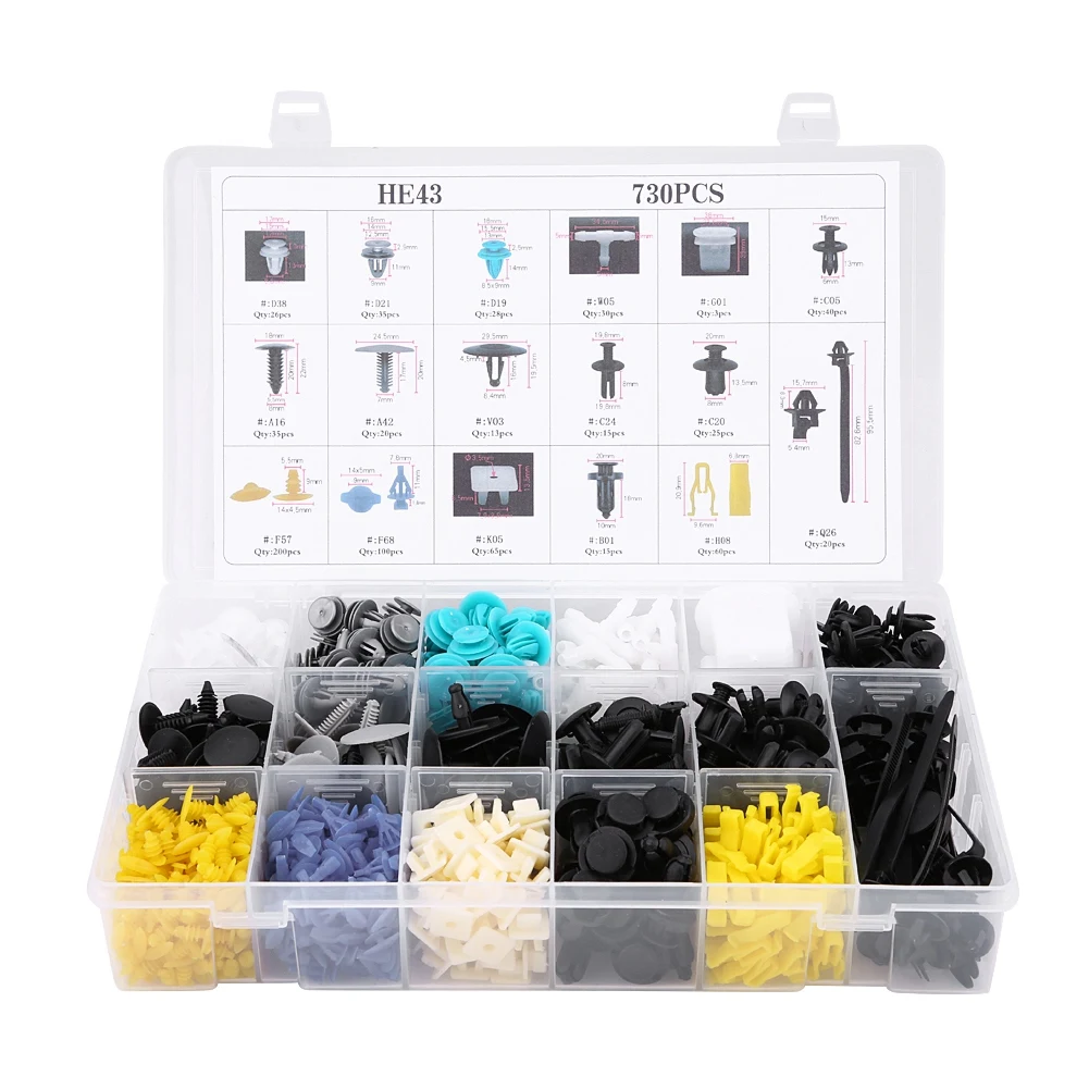 730pcs 17 Sizes Assorted Car Body Push Pin Rivet Trim Bumper Fixed Clamp Push Type Retainers
730pcs 17 Sizes Assorted Car Body Push Pin Rivet Trim Bumper Fixed Clamp Push Type Retainers