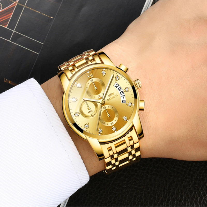 Top Brand OLMECA Men's Watch Gold Quartz Relogio Masculino Fashion Complete Calendar Wrist Luminous Hands Waterproof | Наручные часы