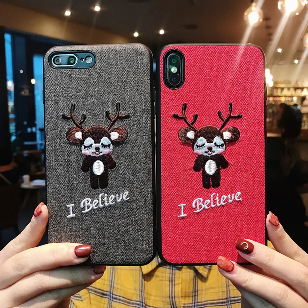 Cute Deer Fabric Case for iPhone X XS XR MAX Soft TPU Embroidery Cartoon Elk Pattern Back Cover 7 8 Plus Shockproof 3D Capa |