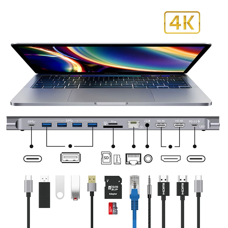 

12in1 Type-c Multiport Docking Station Dual HDMI-Compatible VGA Audio TF/SD Ethernet PD USB C HUB For Laptop Macbook
