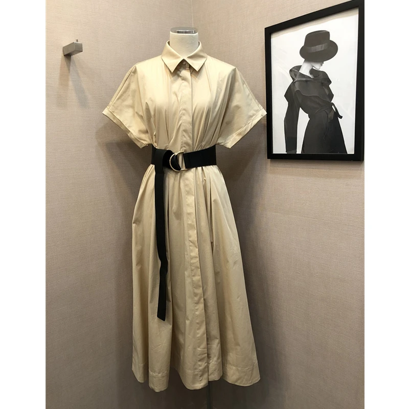 Women Fashion Long Dress 100% Cotton Turn Down Collar Pleated Waist Fitted Mid Calf Dress Elegant Clothes
Women Fashion Long Dress 100% Cotton Turn Down Collar Pleated Waist Fitted Mid Calf Dress Elegant Clothes
