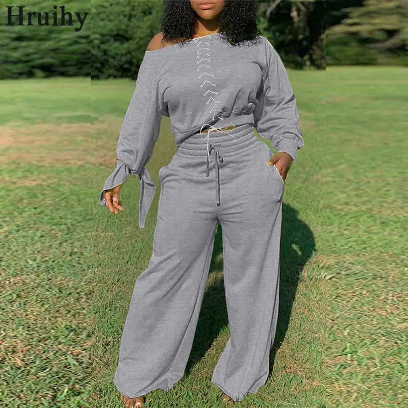 Fashion Solid Color Two Piece Set Women Off Shoulder Long Sleeve Top Criss-cross Lacing Up Woman Pants Lounge Wear Elastic Waist 
Fashion Solid Color Two Piece Set Women Off Shoulder Long Sleeve Top Criss-cross Lacing Up Woman Pants Lounge Wear Elastic Waist