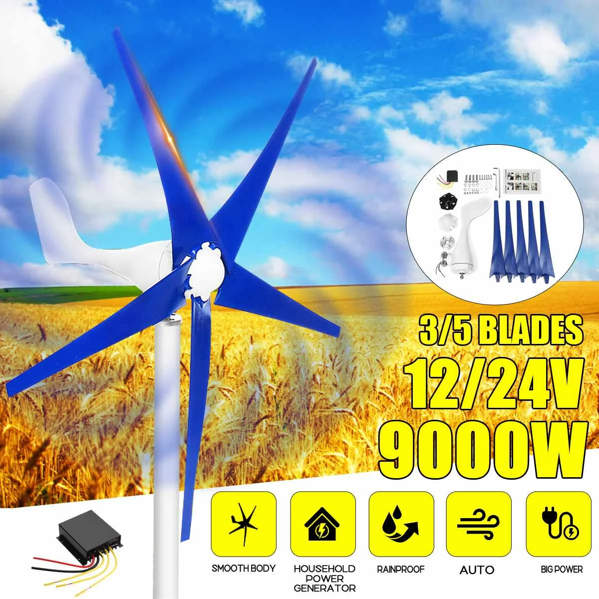 9000W Wind Turbines Generator 12V 24V 3 5 Blades Motor Kit For Home Hybrids Streetlight Low Noise High Efficiency
9000W Wind Turbines Generator 12V 24V 3 5 Blades Motor Kit For Home Hybrids Streetlight Low Noise High Efficiency