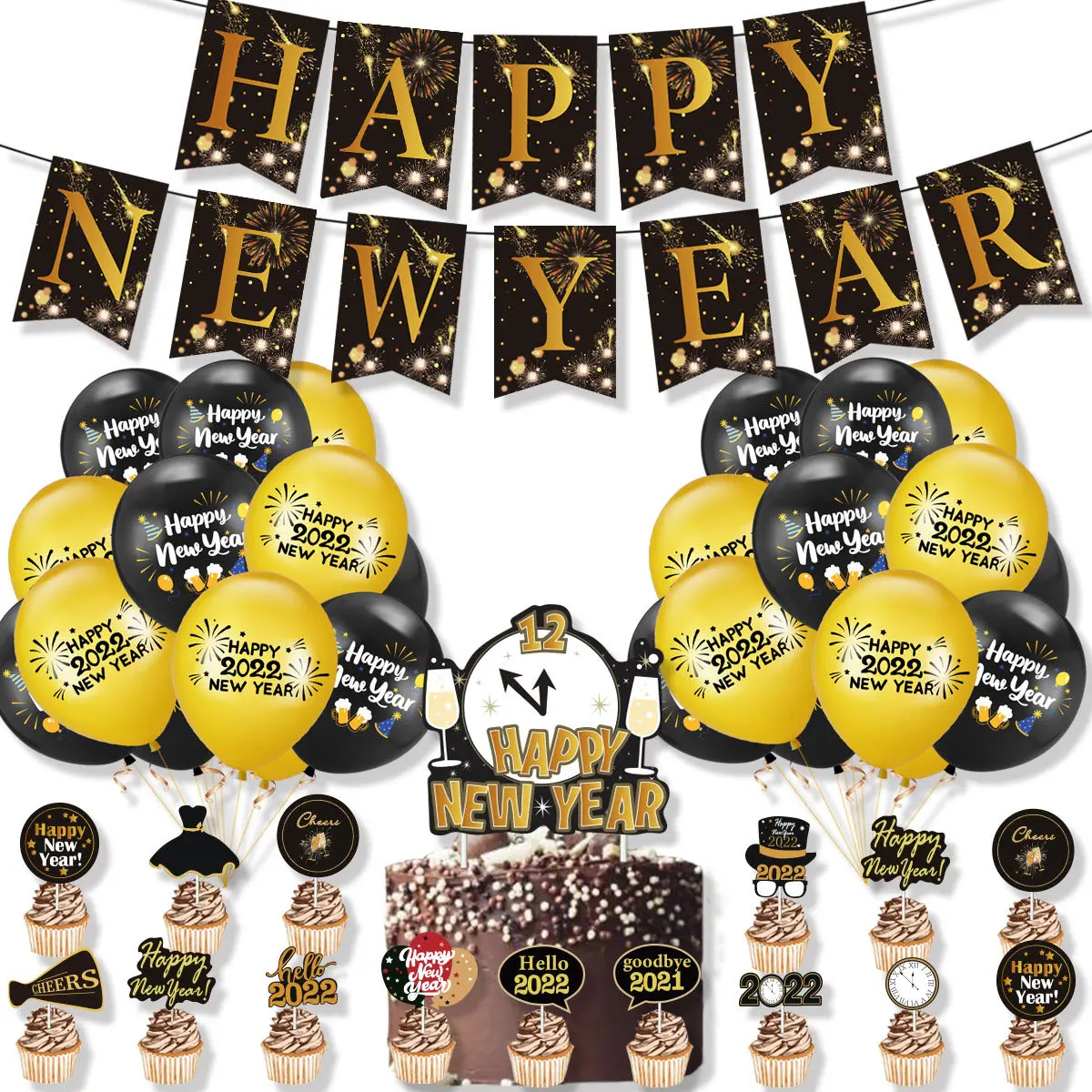 2022 New Year Party Decoration Supplies Happy New Year Pull Flag Cake Insert Latex Balloons Kit
2022 New Year Party Decoration Supplies Happy New Year Pull Flag Cake Insert Latex Balloons Kit