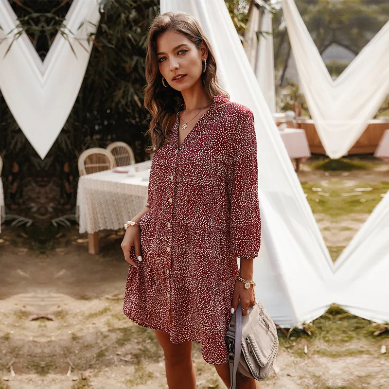 2021 New Casual Summer Dress Women Single Breasted Dot Print Above Knee Mini V-neck Three Quarter Sleeve Dress
2021 New Casual Summer Dress Women Single Breasted Dot Print Above Knee Mini V-neck Three Quarter Sleeve Dress