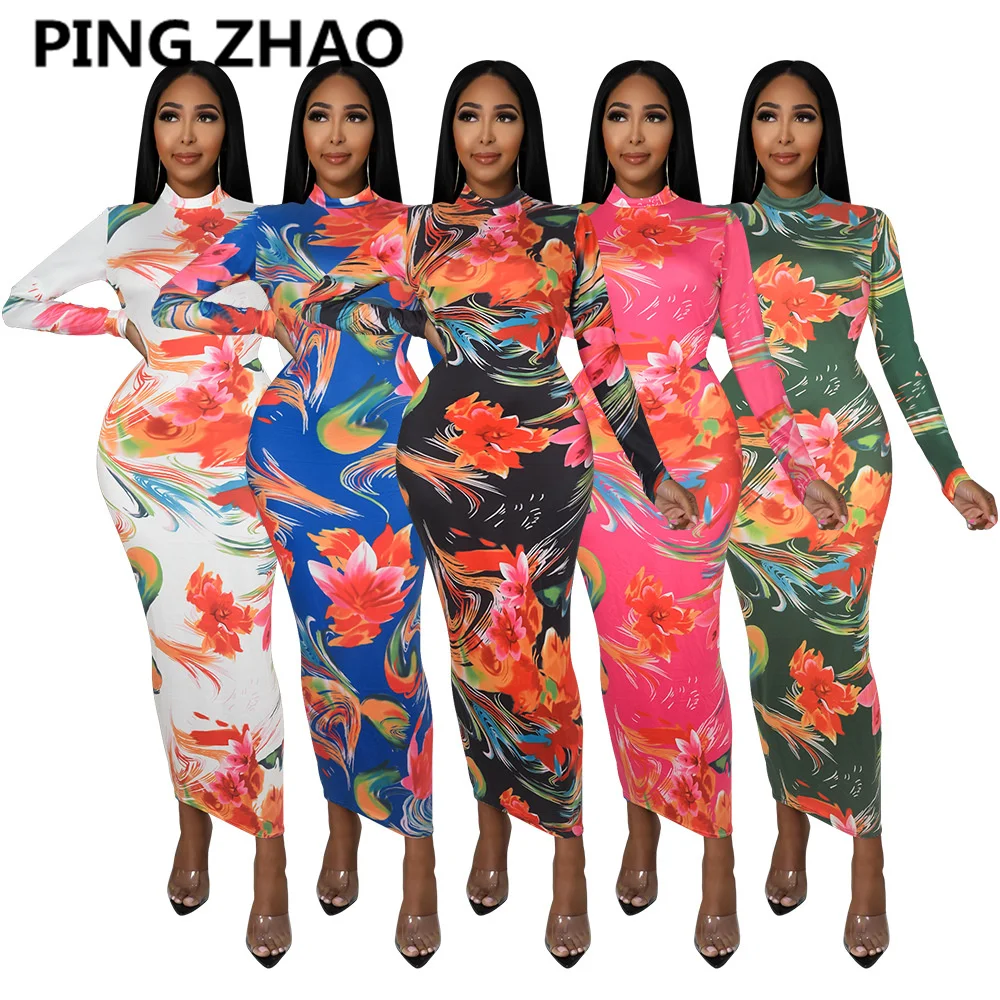 Женское облегающее Платье макси с длинным рукавом и принтом на осень и зиму 
Женское облегающее Платье макси с длинным рукавом и принтом на осень и зиму