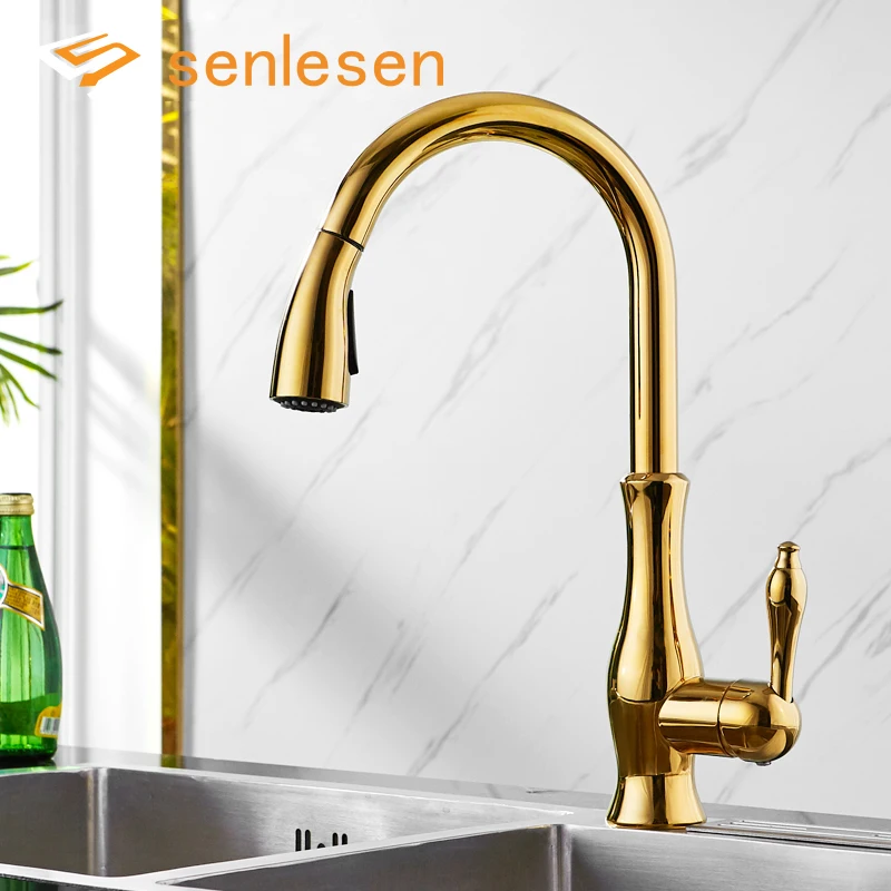 Senlesen Golden Kitchen Faucet Pull Out Spout Single Handle Brass Sink Deck Mounted Hot and Cold Water Mixer Tap Crane | Обустройство