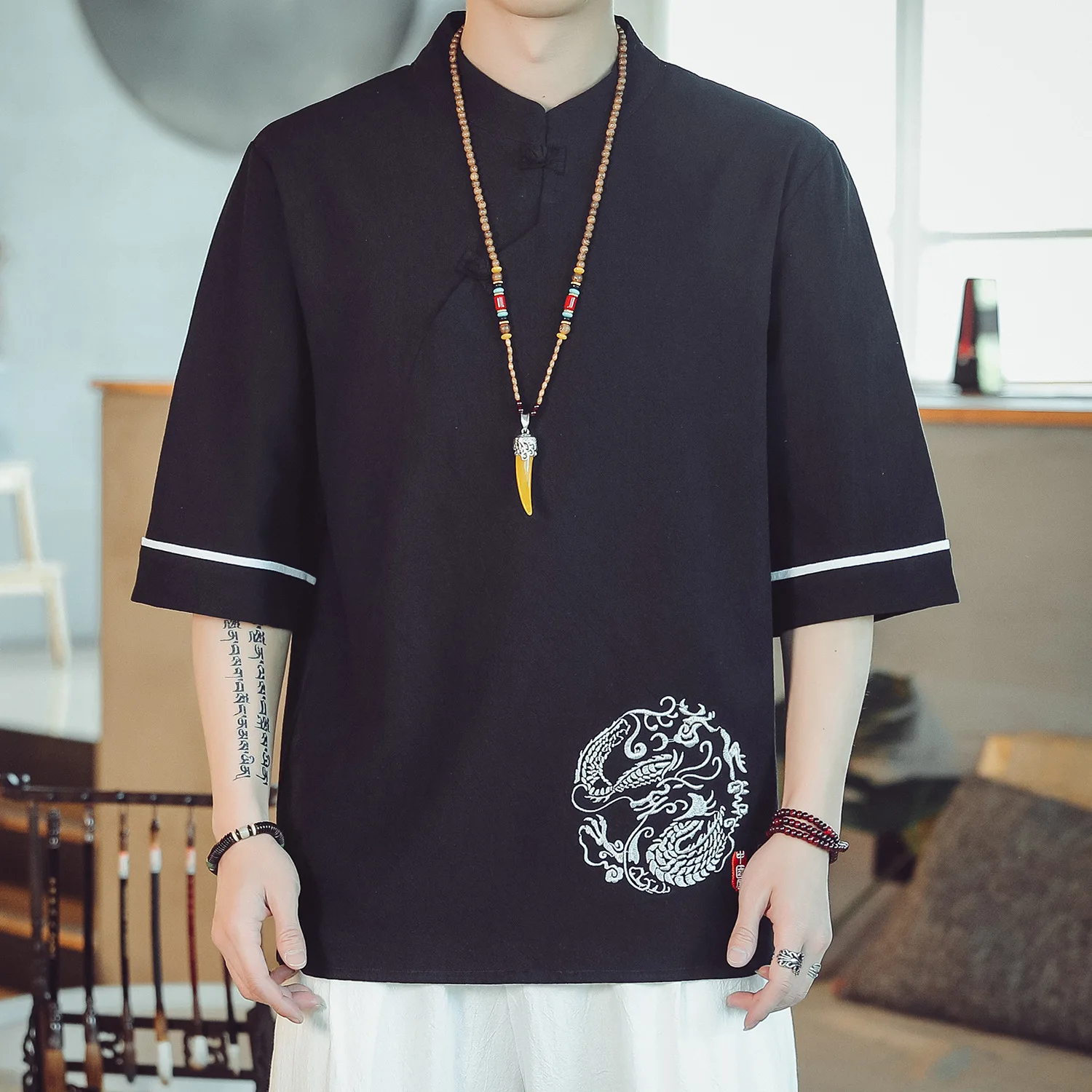 Летняя тонкая льняная футболка с вышивкой в китайском стиле для молодых мужчин