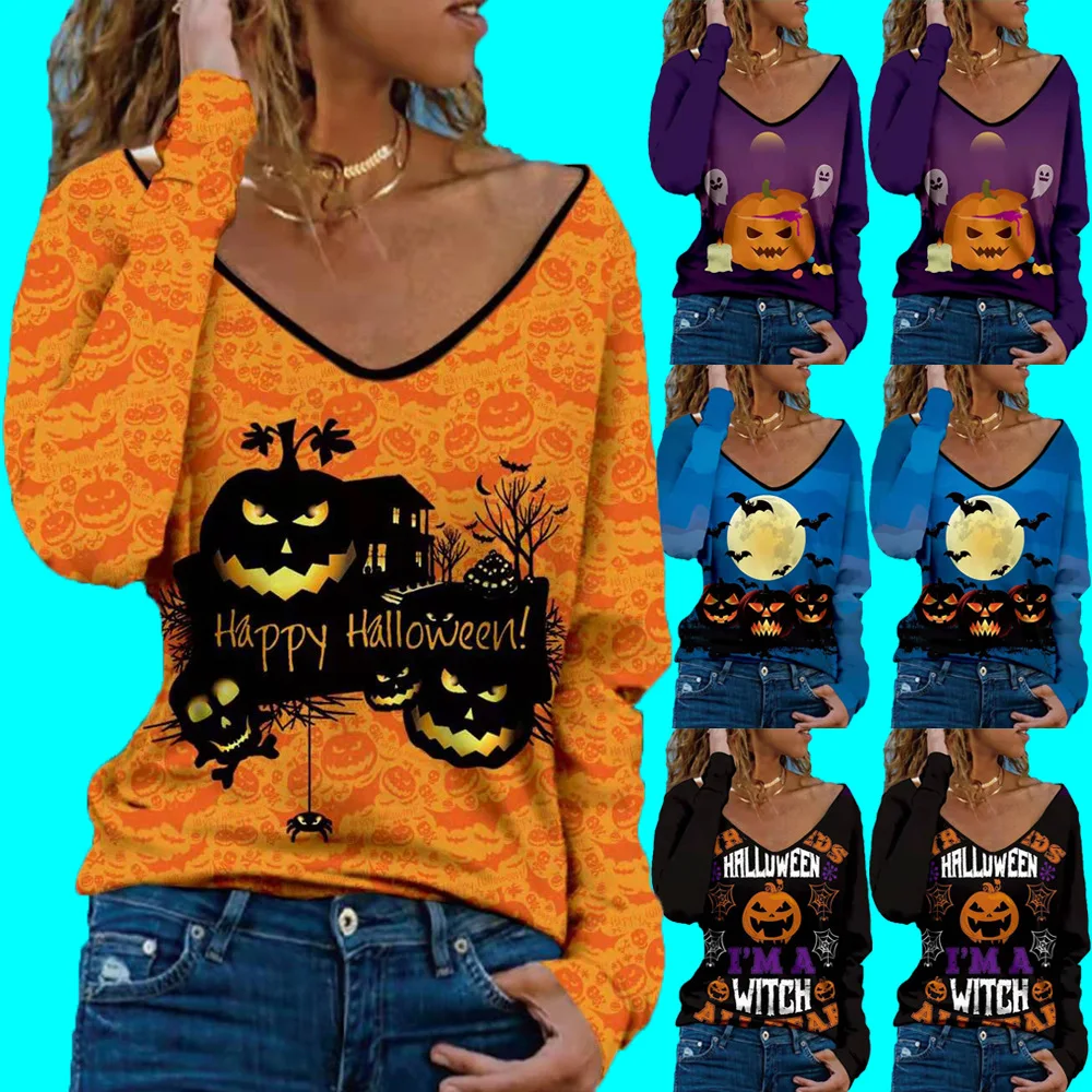 Women Halloween Tops Multicolor Cotton Halloween Printing Wide V-neck Long-sleeved T-shirt Oversize T Shirt Blouse
Women Halloween Tops Multicolor Cotton Halloween Printing Wide V-neck Long-sleeved T-shirt Oversize T Shirt Blouse