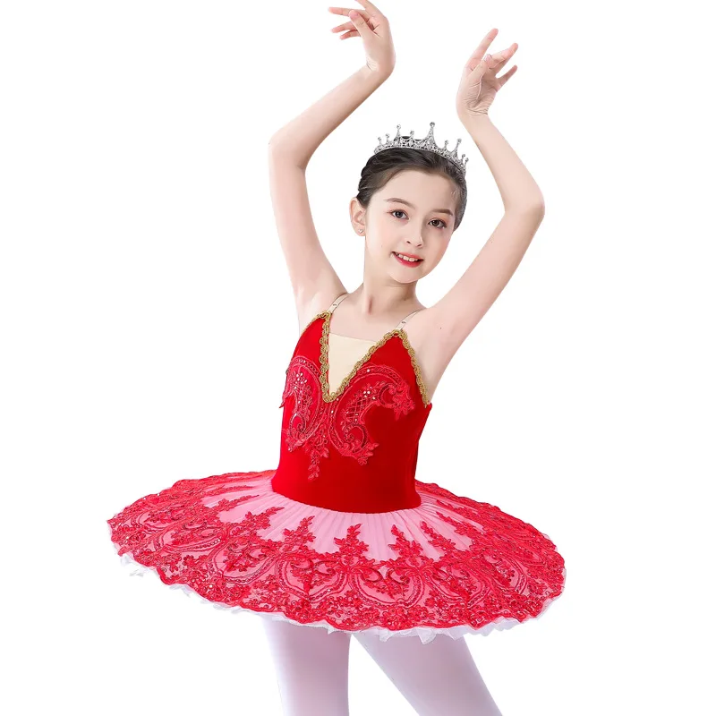 

Red Velvet Professional Ballet Tutus Child Swan Lake Ballet Dance Clothes For Girls Pancake Tutu Ballerina Figure Skating Dress