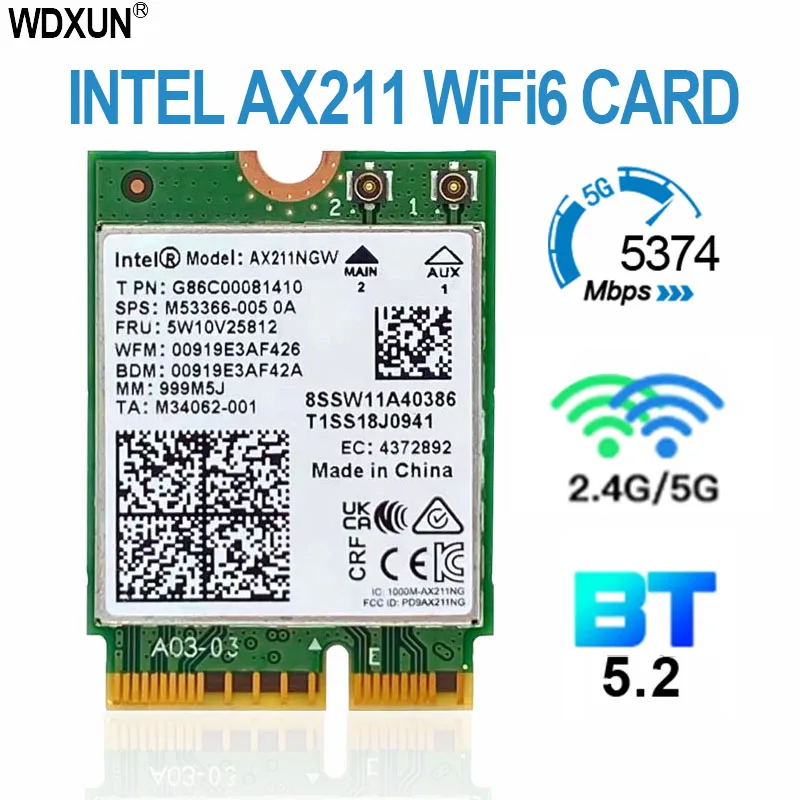 Трехдиапазонный адаптер Wi-Fi 6E AX211NGW 2 4G/5G/6 ГГц для беспроводной сети Bluetooth 5 Intel AX211 M.2