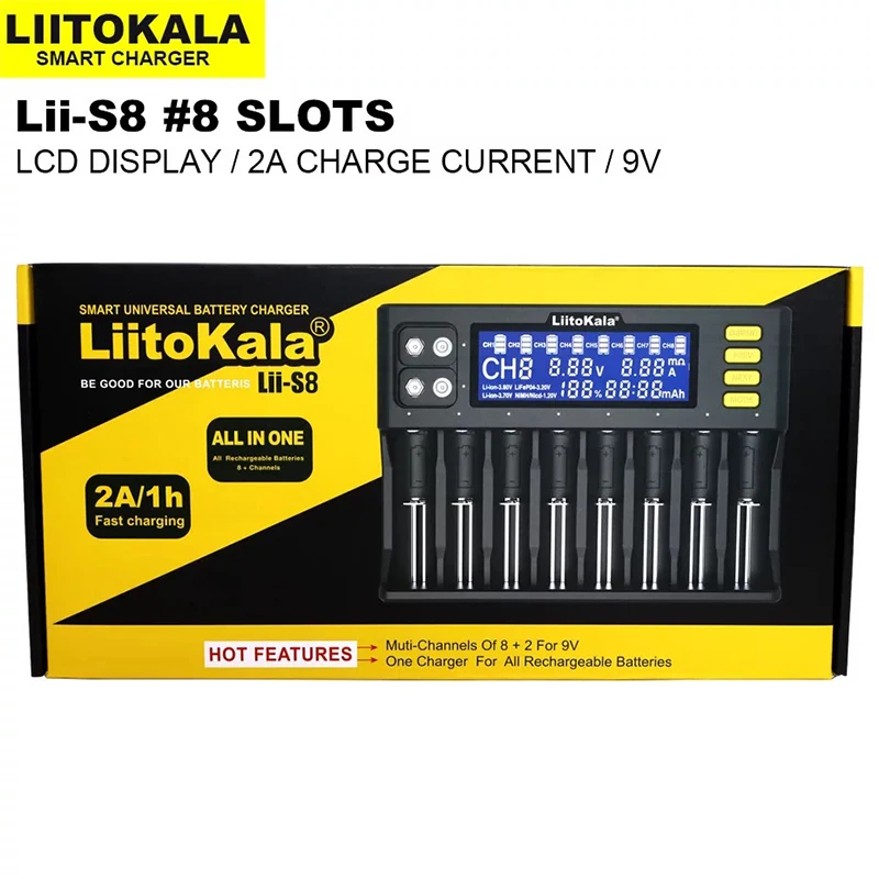 LiitoKala Lii-S8 Battery Charger Li-ion 3.7V NiMH 1.2V Li-FePO4 3.2V IMR 3.8V for Batteries 18650 26650 20700 21700 26700 AA AAA
LiitoKala Lii-S8 Battery Charger Li-ion 3.7V NiMH 1.2V Li-FePO4 3.2V IMR 3.8V for Batteries 18650 26650 20700 21700 26700 AA AAA