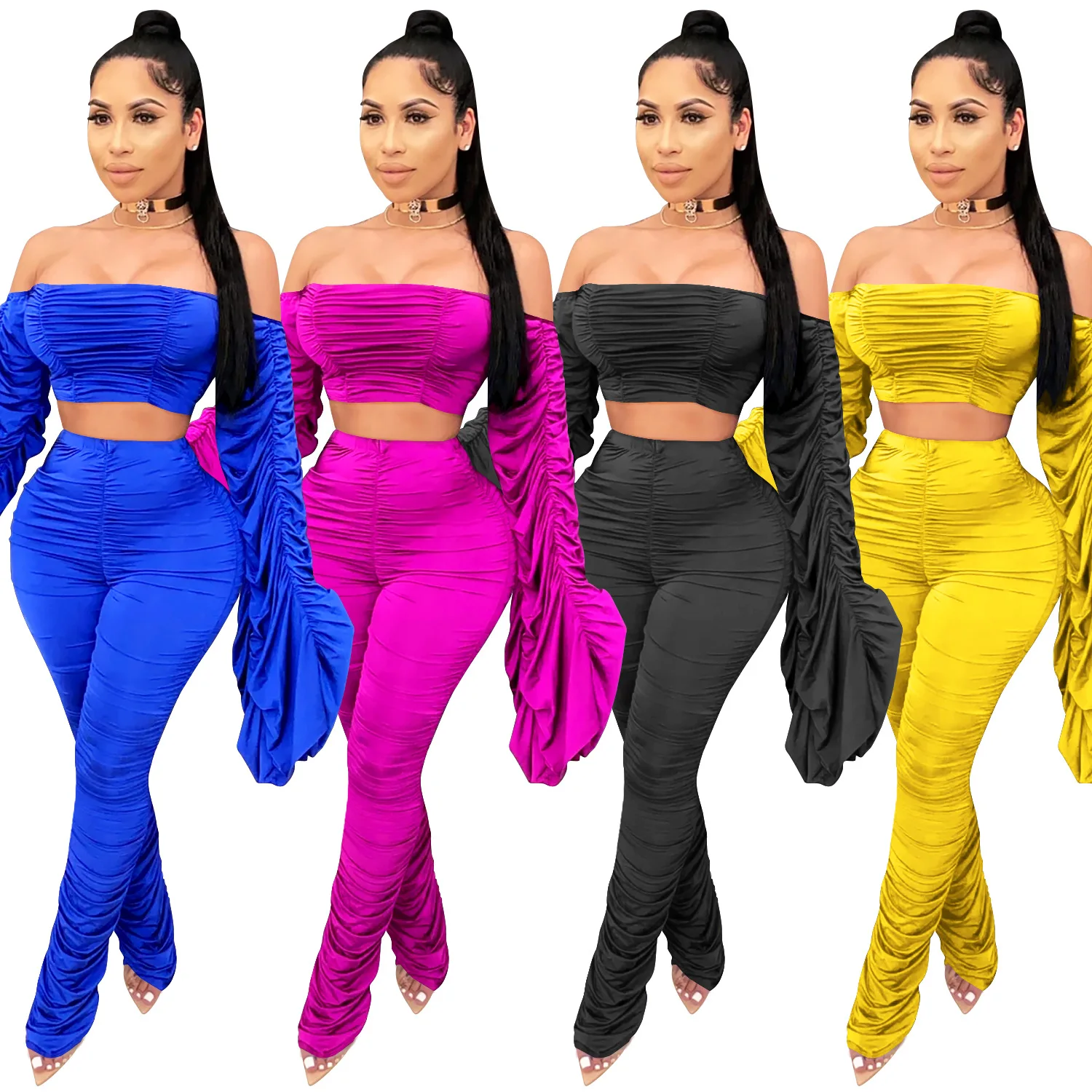 Sexy Two-piece Stacked Clothes Women Outfits Solid Color Flared Sleeve Off Shoulder Crop Top High Waist Pleated Pants Sets S-2XL 
Sexy Two-piece Stacked Clothes Women Outfits Solid Color Flared Sleeve Off Shoulder Crop Top High Waist Pleated Pants Sets S-2XL