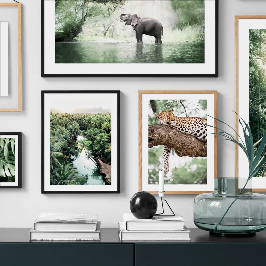 

Tropical Palm Forest Jungle Elephant Leopard Bridge Wall Art Print Canvas Painting Nordic Poster Decor Pictures For Living Room