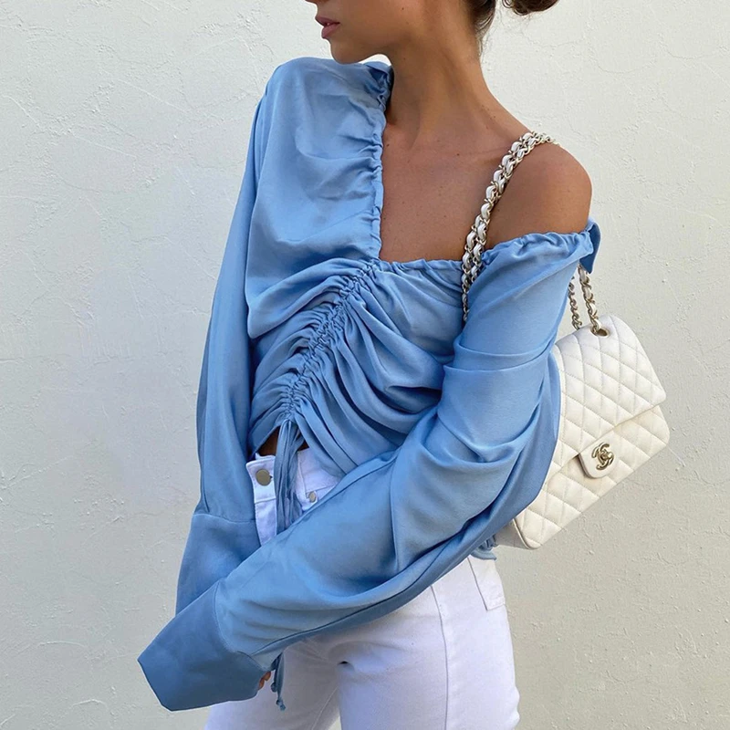 Blue Satin Deep V-Neck Women Blouse Spring Autumn Drawstring Pleated Long Sleeve Ruched Crop Top Office Ladies Casual Short Coat
Blue Satin Deep V-Neck Women Blouse Spring Autumn Drawstring Pleated Long Sleeve Ruched Crop Top Office Ladies Casual Short Coat