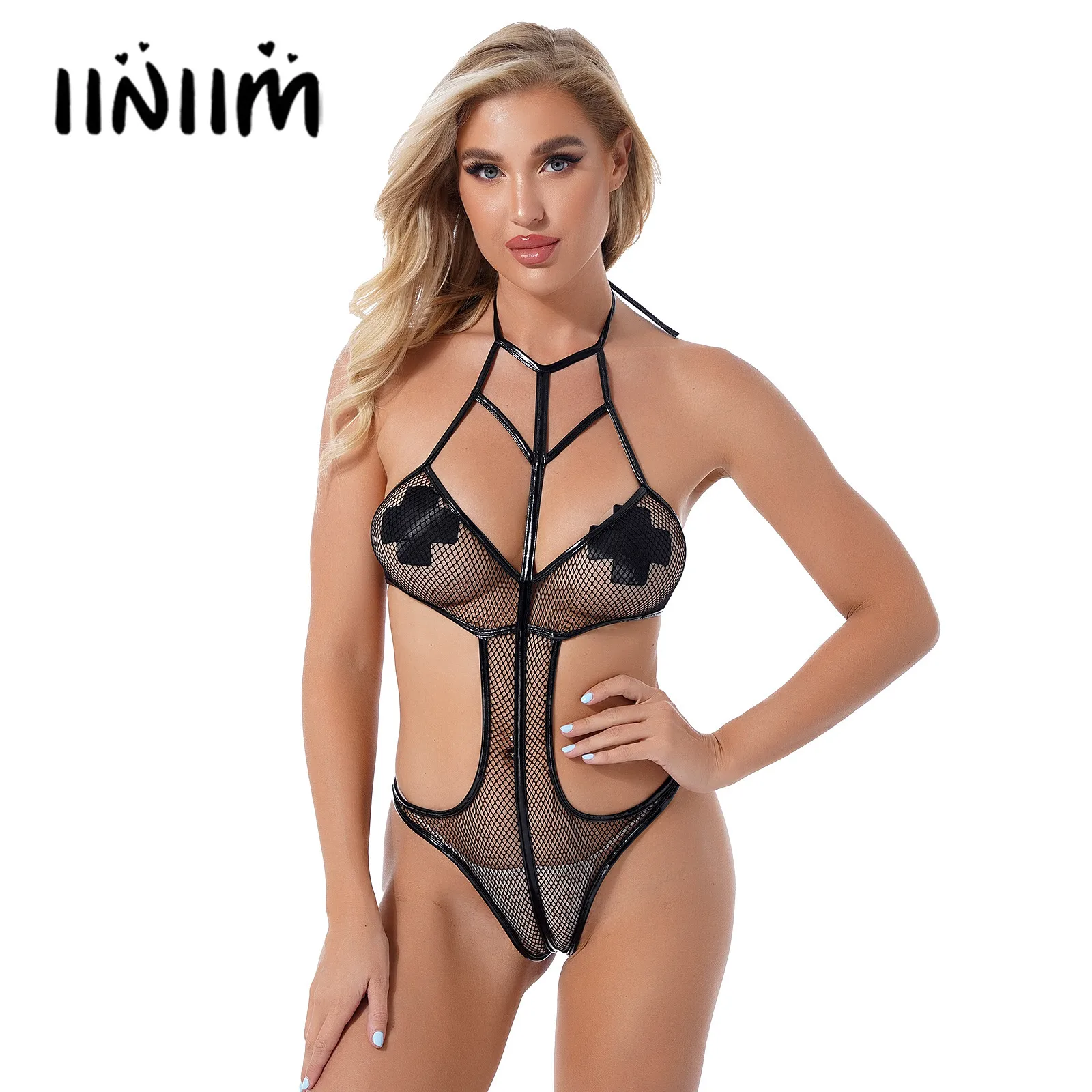 

Womens See-through Mesh Leotard Cutout Catsuit Strappy Hollow Out Fishnet Bodysuit Halter Lace-up Erotic Lingeries Teddies