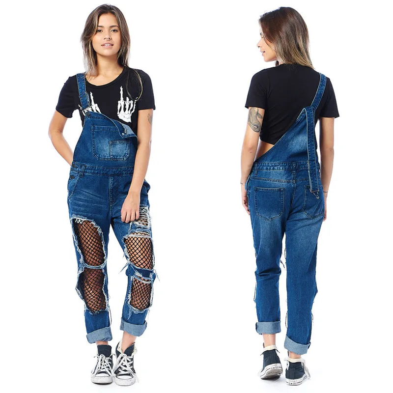 WEPBEL Holes Pocket Strap Jeans Women's Casual Solid Color Loose Jeans Summer Fashion Stitching Straight Strap Jeans
