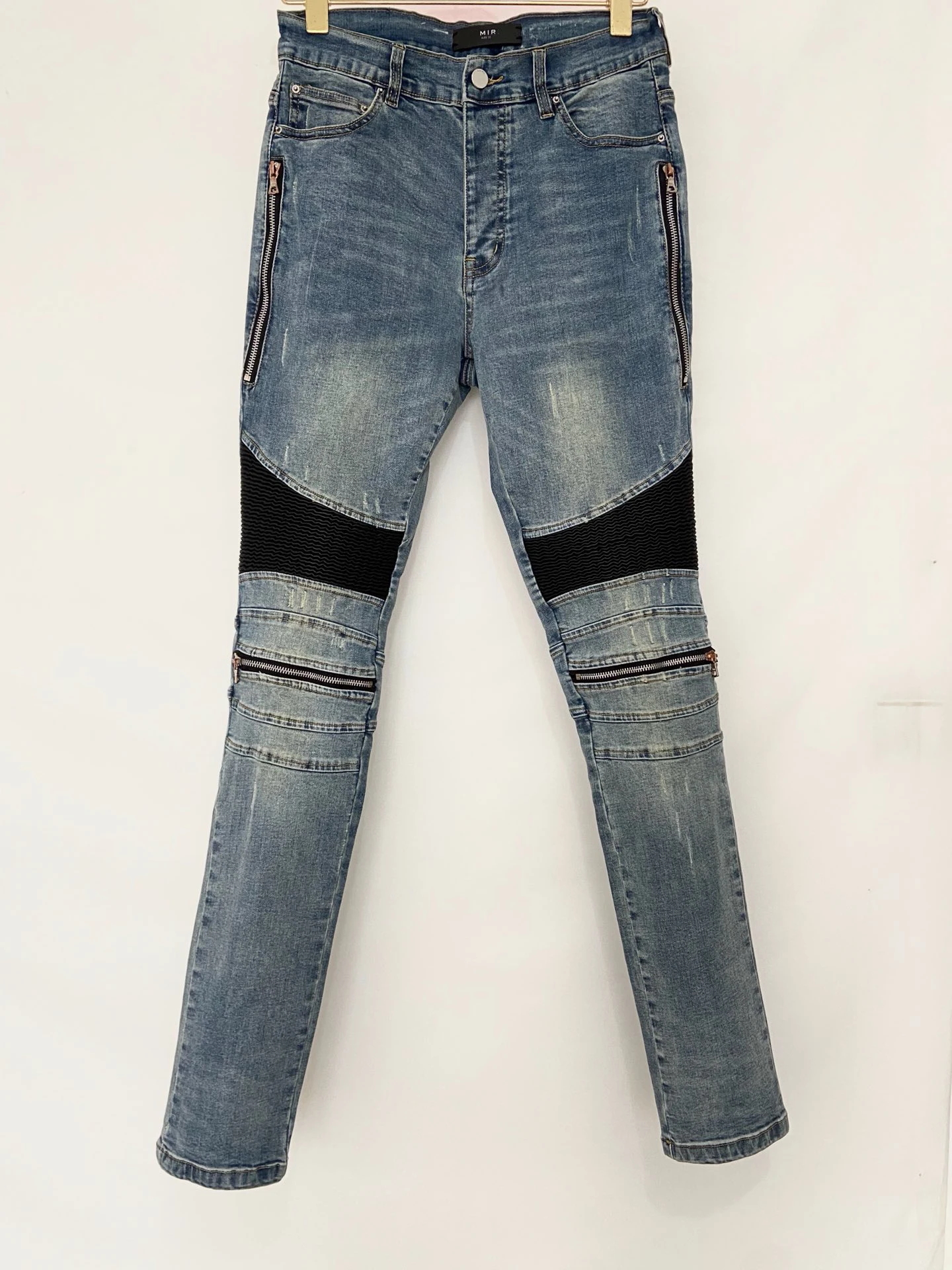 2021SS Best Quality AMR Knee Wrinkle Jeans Men Women Basic Motorcycle Jeans Distressed Denim Trousers