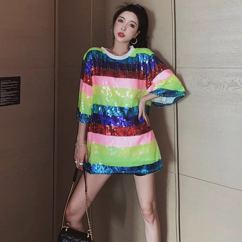 Fashion Women's T-shirts 2020 Summer Streetwear Tee Sequined Striped Female Clothes Casual harajuku Tops Camiseta Oversized
Fashion Women's T-shirts 2020 Summer Streetwear Tee Sequined Striped Female Clothes Casual harajuku Tops Camiseta Oversized
