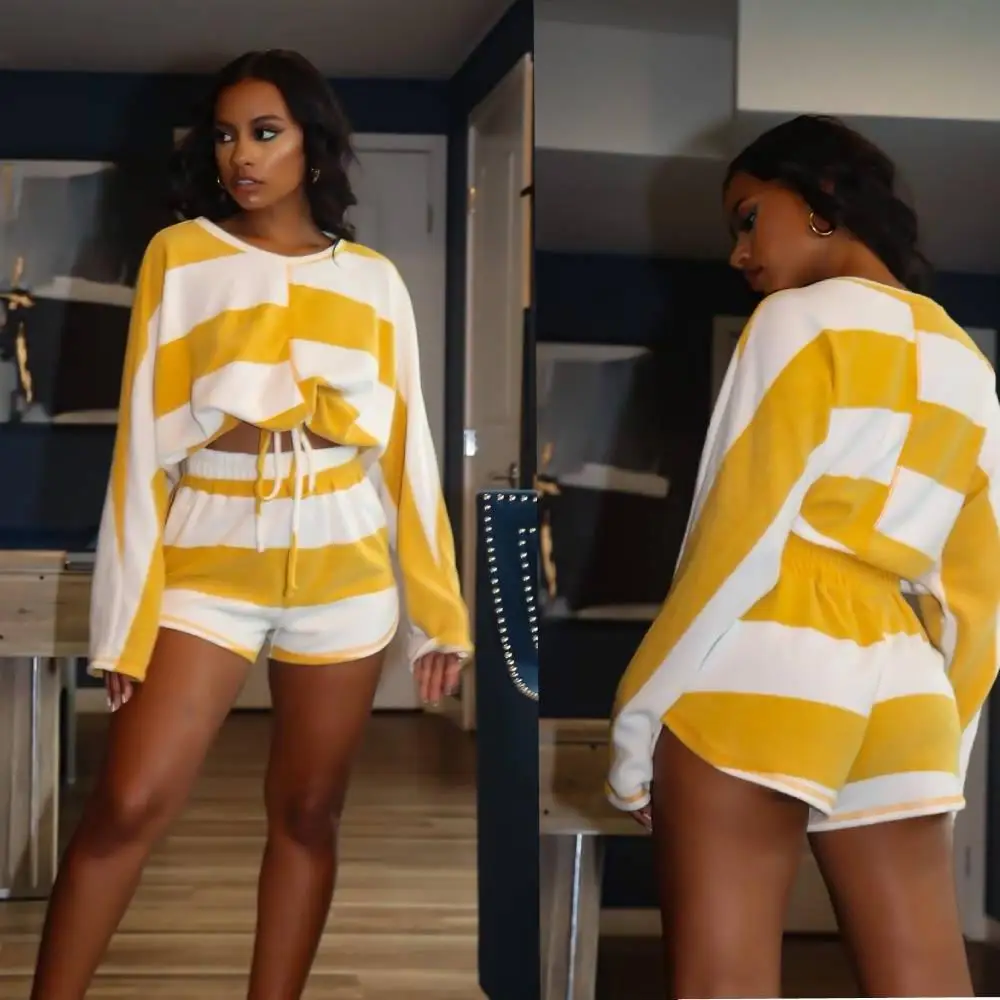 Woman Stripe Color Block Patchwork Leisure Activewear Two Piece Set Autumn Long Sleeve Drawstring Hem Top+Straight Sporty Shorts
Woman Stripe Color Block Patchwork Leisure Activewear Two Piece Set Autumn Long Sleeve Drawstring Hem Top+Straight Sporty Shorts