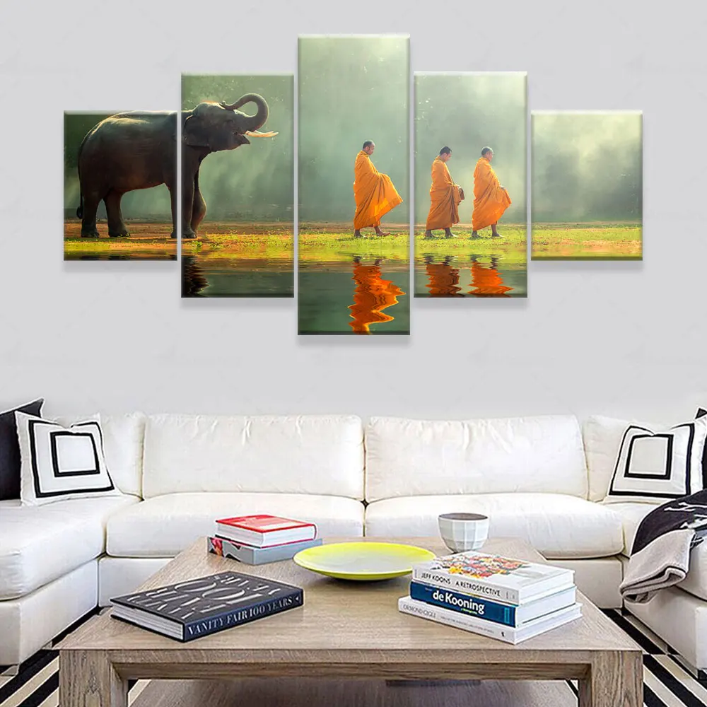 

Artsailing Elephant And Monk Buddha 5 Pieces Poster Home Decorative Canvas Paintings For Living Room printed Wall Art Artwork HD