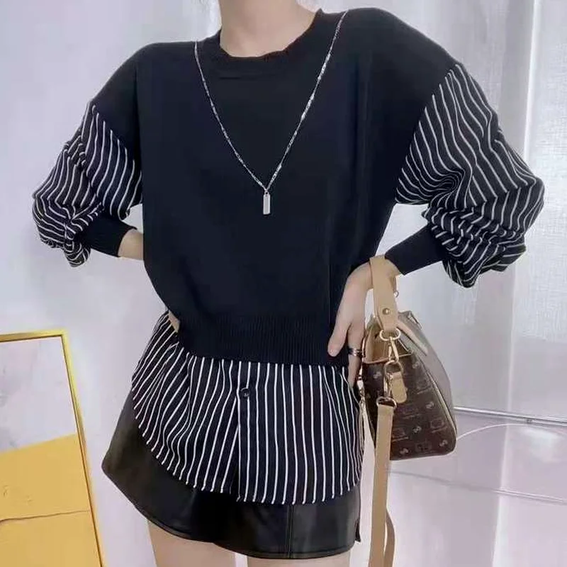 Fall Women Shirts Blouses Striped O-Neck Puff Sleeve Tops Fake Two Piece Winter Fashion Patchwork Knitted Pullover Clothes
Fall Women Shirts Blouses Striped O-Neck Puff Sleeve Tops Fake Two Piece Winter Fashion Patchwork Knitted Pullover Clothes