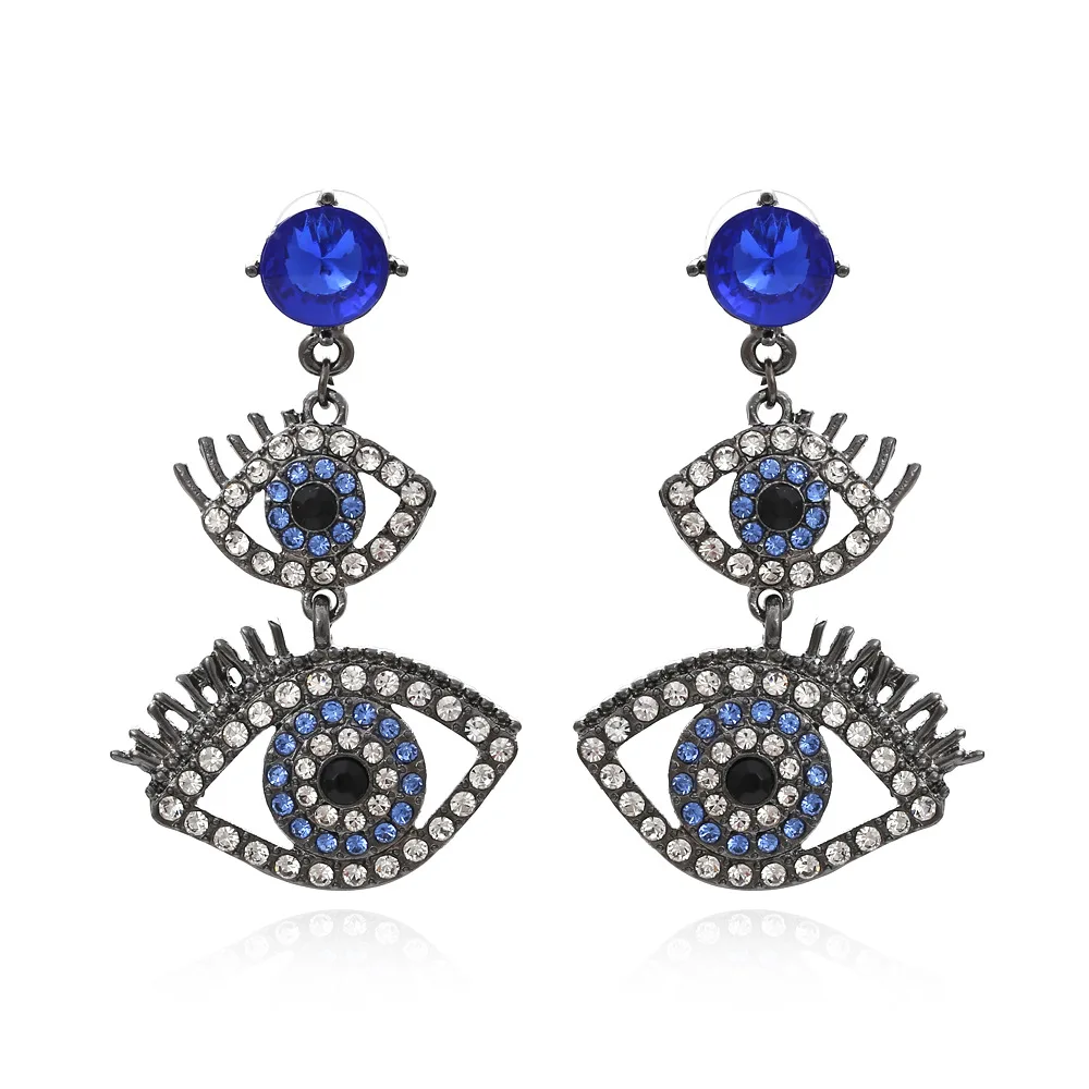 

Bohemian Style Blue Double Evil Eyes Earrings Glass Crystal Embellished Trendy Women Statement Earrings Jewelry Wholesale