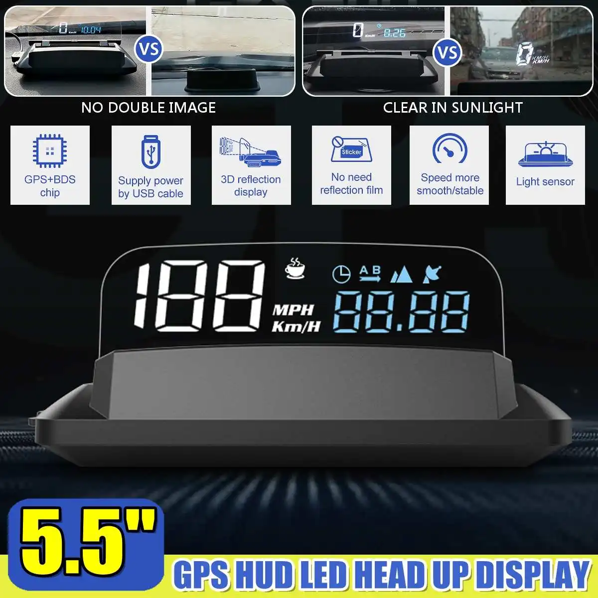 

G3 Car GPS HUD KMH/MPH LED Speedometer Digital Projector Heads Up Display Car Speed Warning Alarm Overspeed Alarm 5 Inch