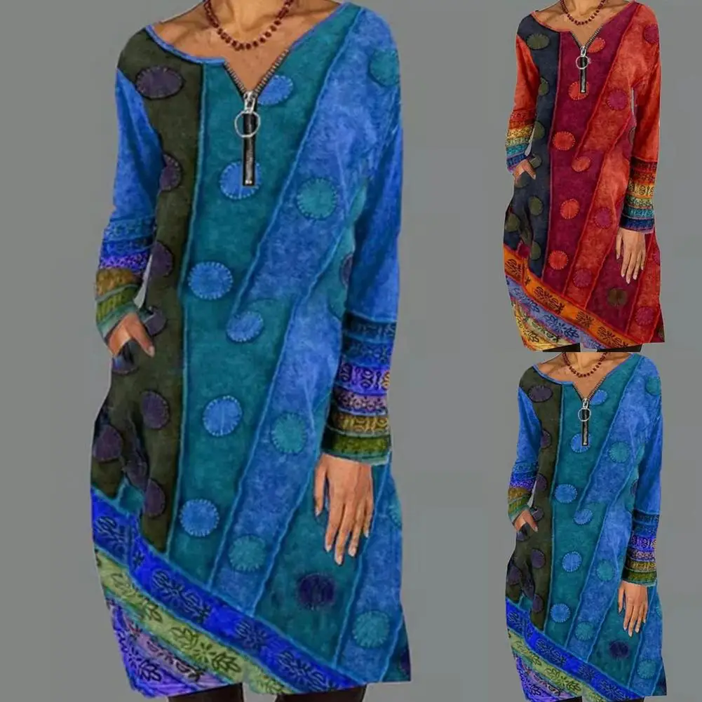 Dresses Women Vintage O Neck Long Sleeve Zipper Digital Ethnic Print Knee-length Dress
Dresses Women Vintage O Neck Long Sleeve Zipper Digital Ethnic Print Knee-length Dress
