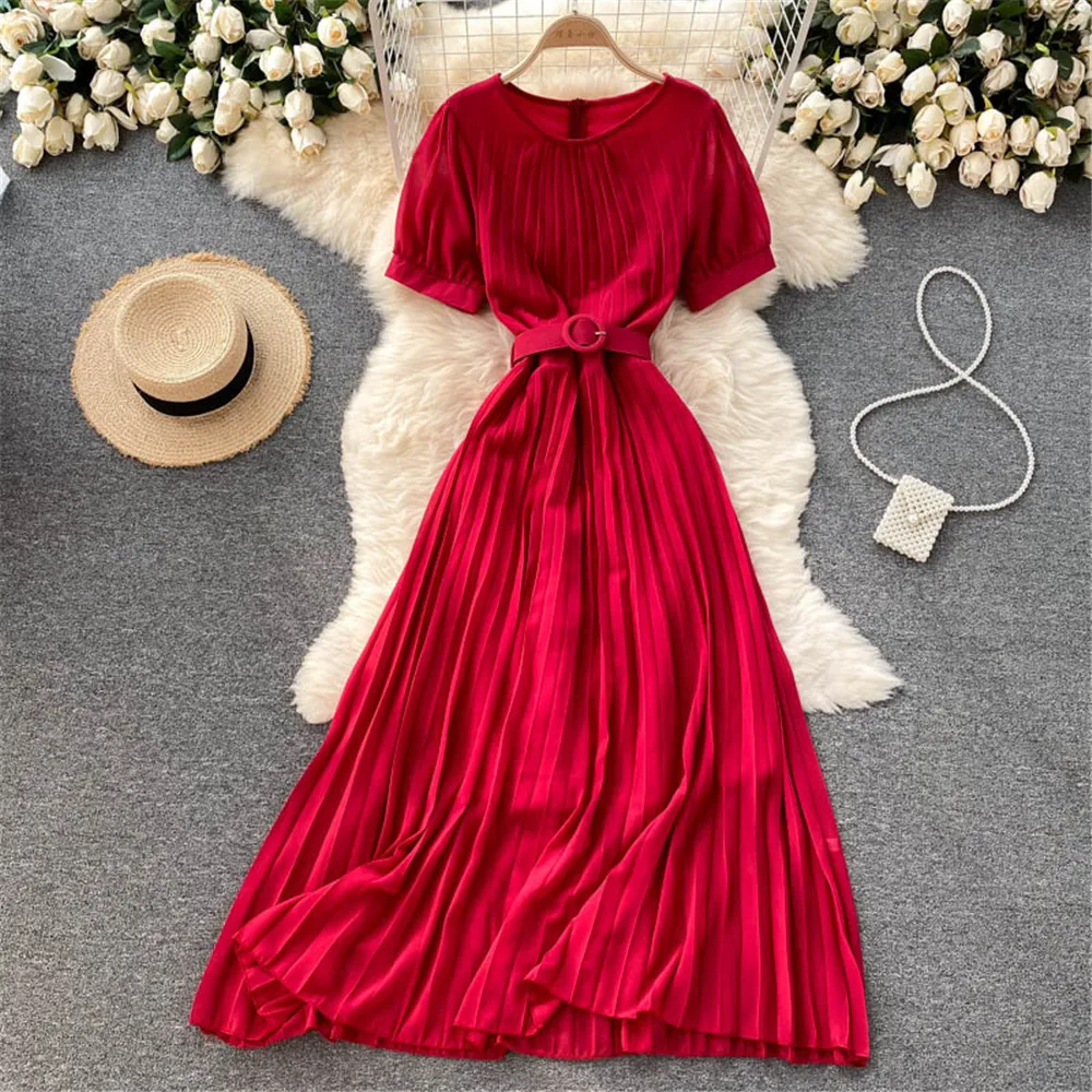 Women Pleated Chiffon Summer Dress Elegant Party Robe Fashion Casual High Waist Midi Dresses Basic Belt Vestidos Female Clothes
Women Pleated Chiffon Summer Dress Elegant Party Robe Fashion Casual High Waist Midi Dresses Basic Belt Vestidos Female Clothes