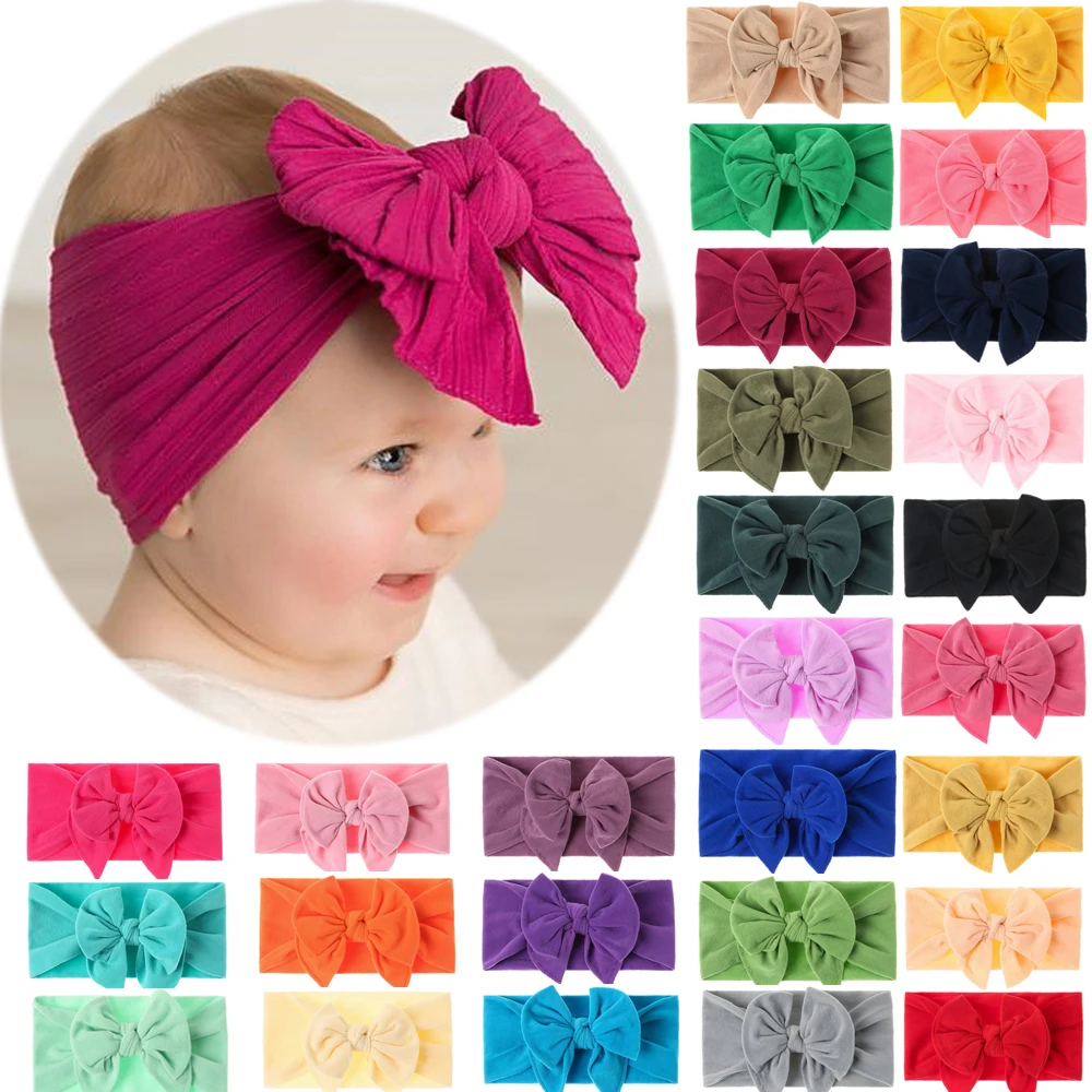 

Super Soft Wide Baby Nylon Newborn Headband Knotted Turban Bow Hair Band Braid Bows Baby Hair Accessories for Infants 30 Colors