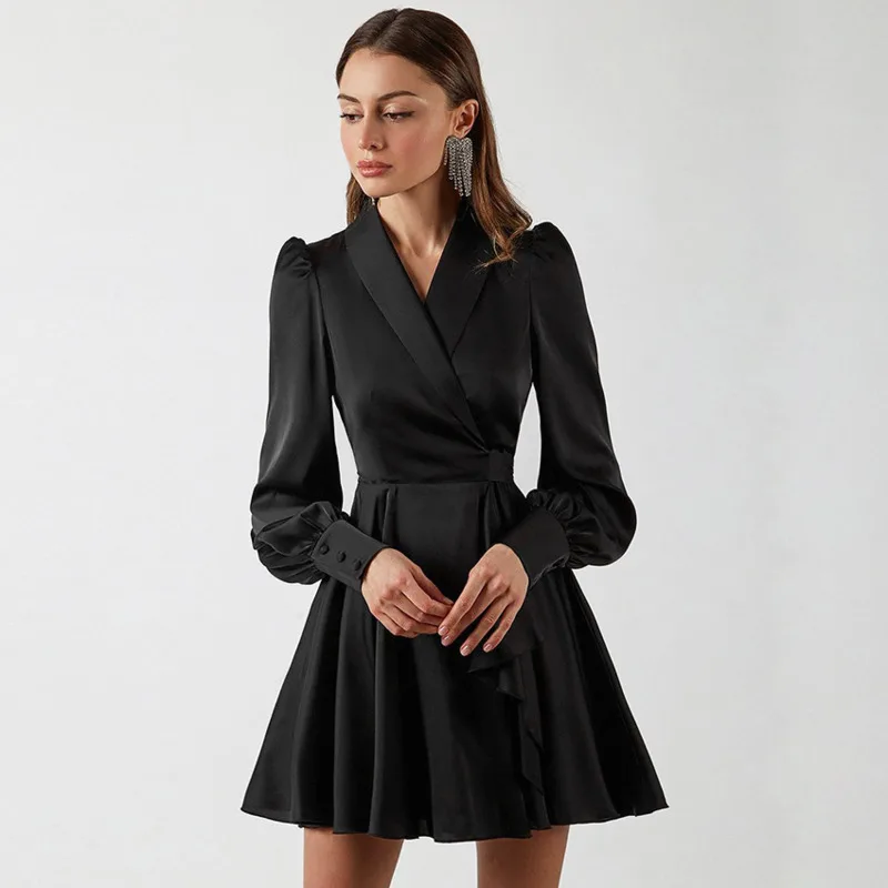 Satin A-Line Slim Women Black Dress Belted Silky Lantern Sleeve Casual V-Neck Fashion Elegant Chic Pleated Ladies Dress
Satin A-Line Slim Women Black Dress Belted Silky Lantern Sleeve Casual V-Neck Fashion Elegant Chic Pleated Ladies Dress