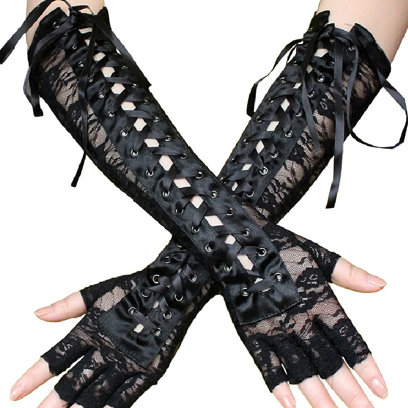 Satin Ribbon Fishnet Gloves Ties Up Long Women Gloves Elbow Length Ribbon Rivet Half-Finger Ornament Sexy Lace Lady Arm sleeves
Satin Ribbon Fishnet Gloves Ties Up Long Women Gloves Elbow Length Ribbon Rivet Half-Finger Ornament Sexy Lace Lady Arm sleeves