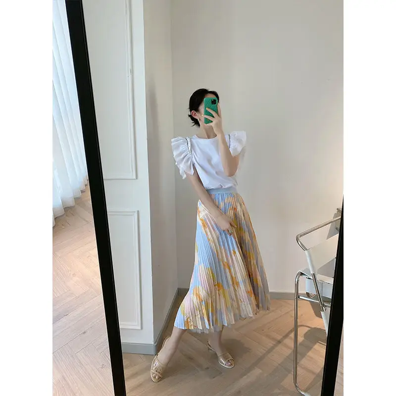 

Tie Dye Pleated Skirt Elegant Fashion Vintage High Waist Midi Long Skirts Womens 2021 Korean Chic Folds Hidden Zipper Bottoms